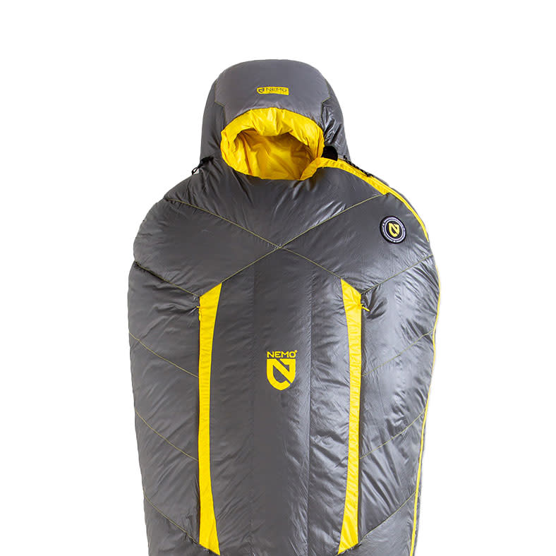 The NEMO Equipment Sonic™ Down Mummy Sleeping Bag, shown upright in gray and yellow with a hood, features hydrophobic down for extreme warmth. The NEMO logo appears on the front center and near the right shoulder.