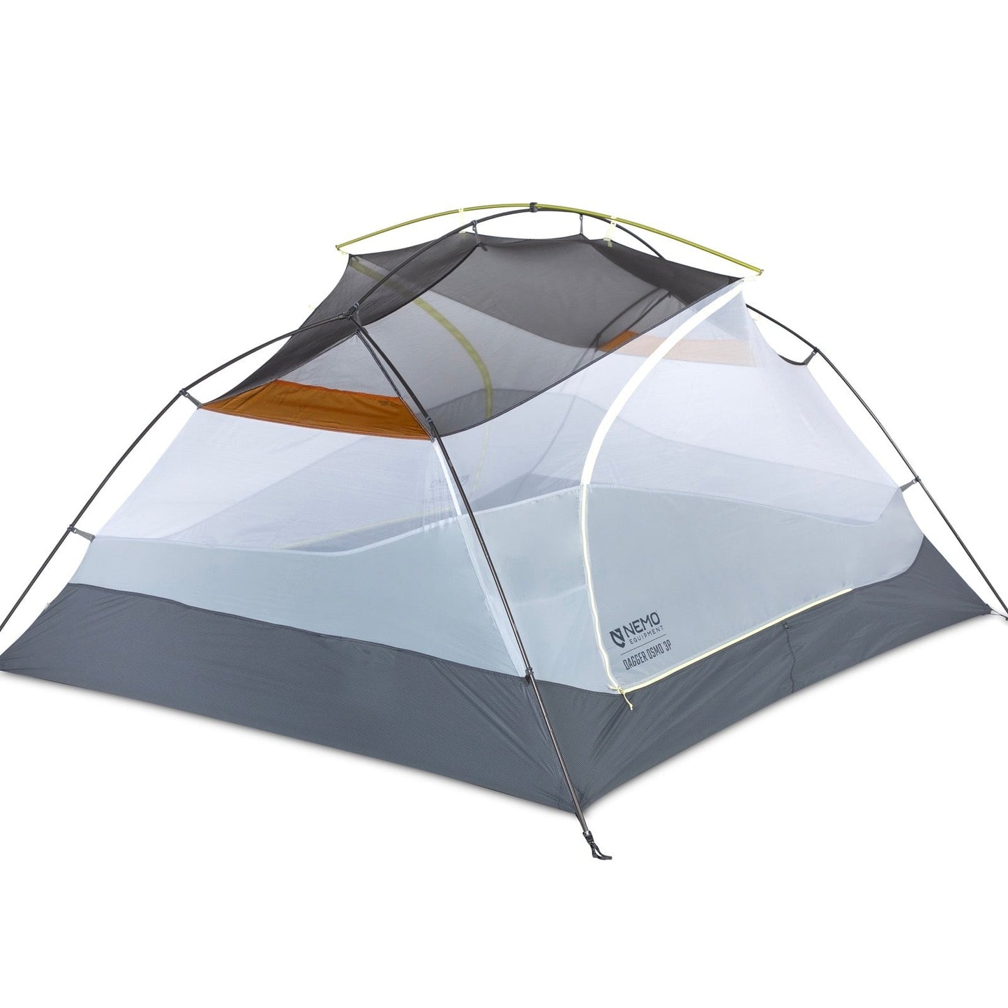 The NEMO Equipment Dagger OSMO™ Lightweight Backpacking Tent features a gray and white design, freestanding pole support, partial mesh canopy for ventilation, and is made with durable OSMO fabric.