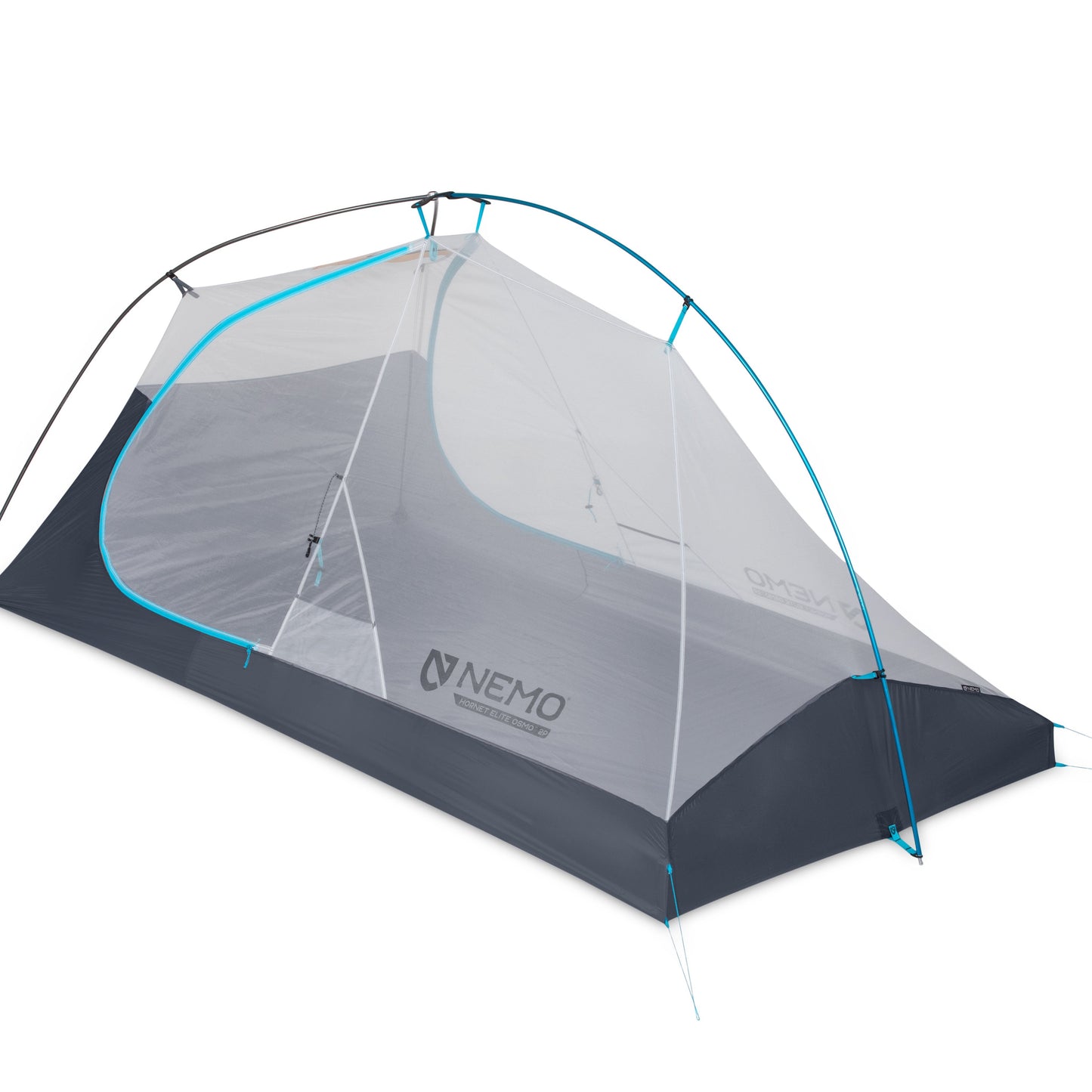 The NEMO Equipment Hornet™ Elite OSMO™ Ultralight Backpacking Tent features a freestanding gray and blue design, mesh upper, single door, lightweight frame, and durable OSMO™ fabric—ideal for ultralight backpacking.
