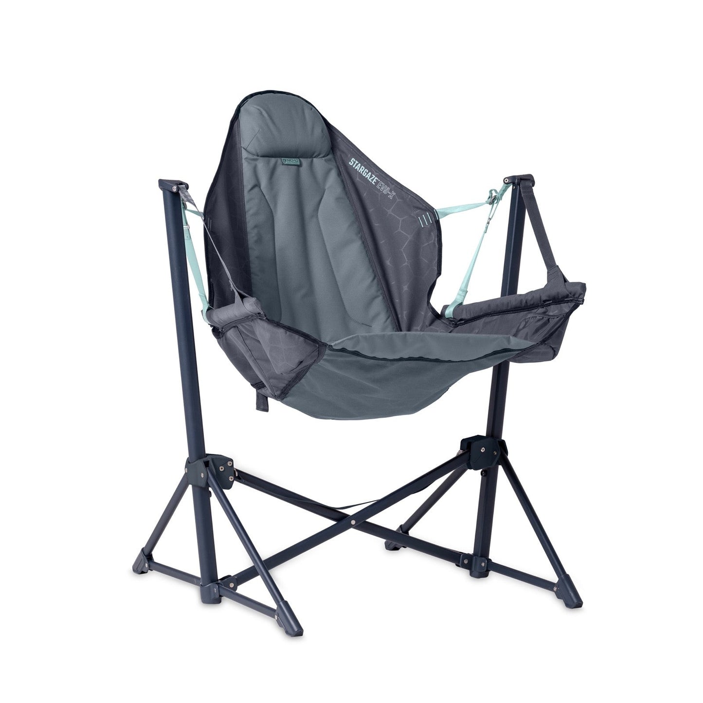 The NEMO Equipment Stargaze™ EVO-X Folding Reclining Camp Chair features a dark fabric seat, black metal frame, armrests, and an elevated, collapsible design—offering luxurious comfort for any adventure.