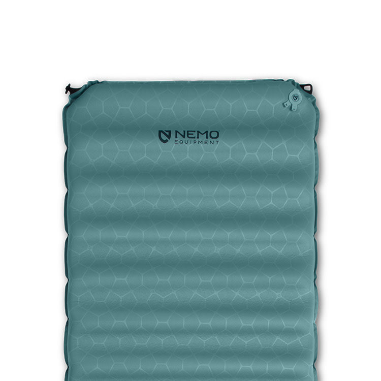 The NEMO Equipment Flyer™ Cloud Self-Inflating Sleeping Pad features a teal hexagonal pattern and logo, ideal for backcountry camping, and is shown on a white background.