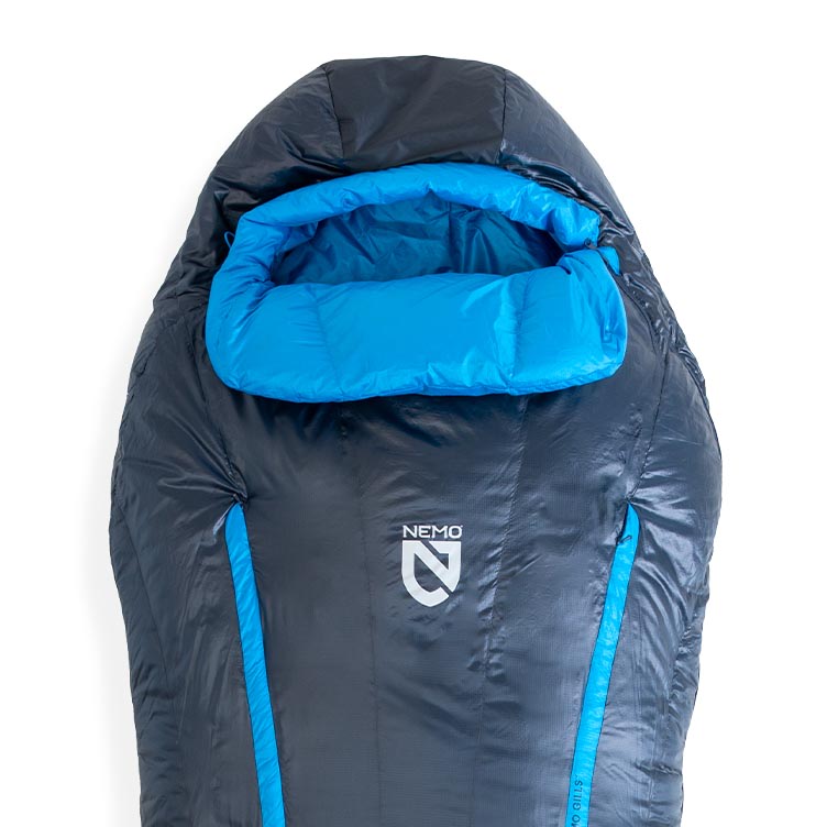 A dark gray and bright blue NEMO Equipment Riff™ Men's Endless Promise® Down Sleeping Bag with a hood, viewed from above on a white background.