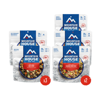 Recipes included in the Classic Assortment Meal Bucket include 3x Beef Stroganoff with Noodles, 3x Beef Stew, 2x Chicken Fried Rice, 2x Spaghetti with Beef Marinara, and 2x Granola with Milk & Blueberries.