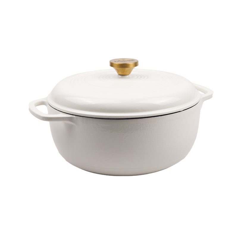 Biscotti enameled cast iron Dutch oven with lid on a white background