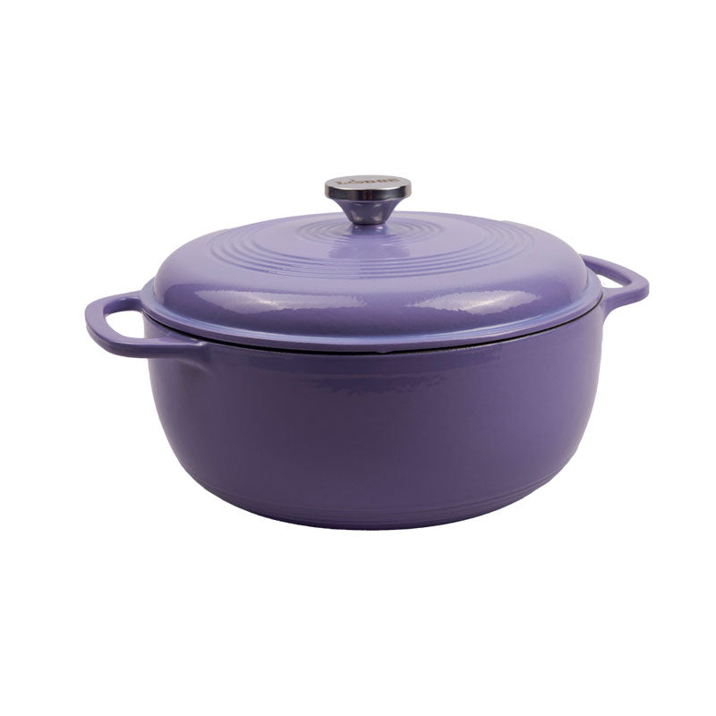 Lilac enameled cast iron Dutch oven with lid on a white background