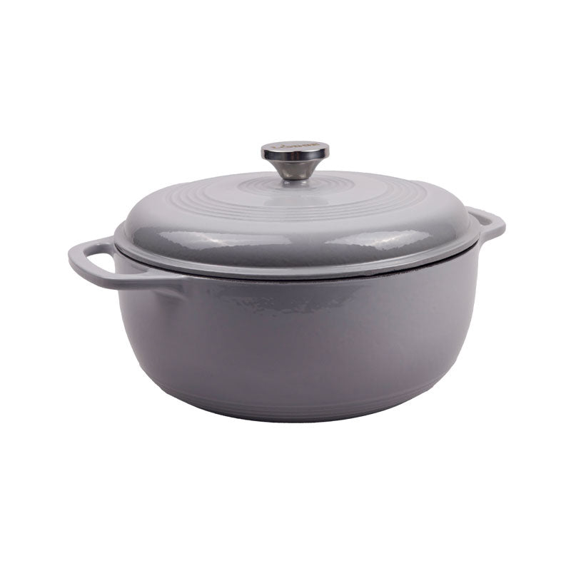 Grey enameled cast iron Dutch oven with lid on a white background