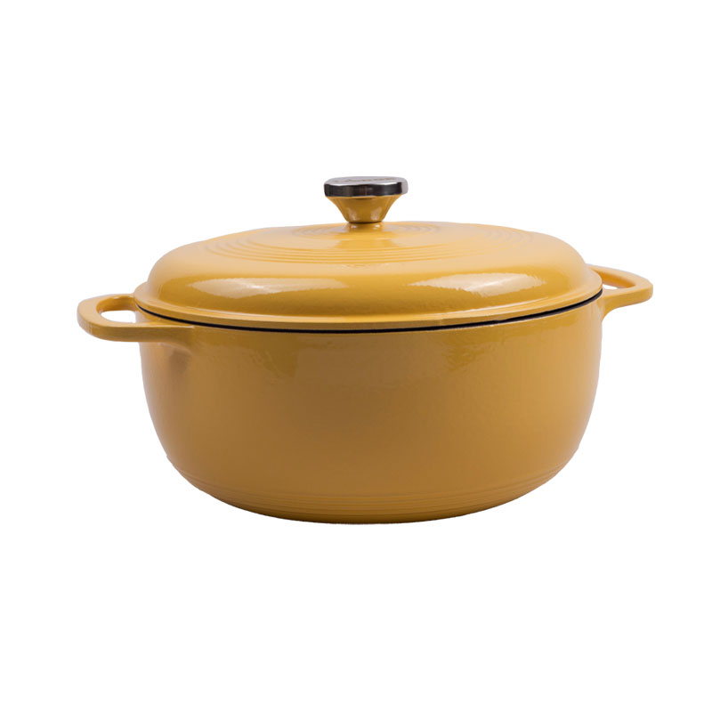 Marigold enameled cast iron Dutch oven with lid on a white background
