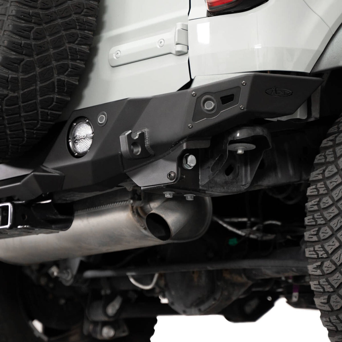 Sensors, mounts, and tow hitch on 2021-2023 Ford Bronco Krawler Rear Bumper