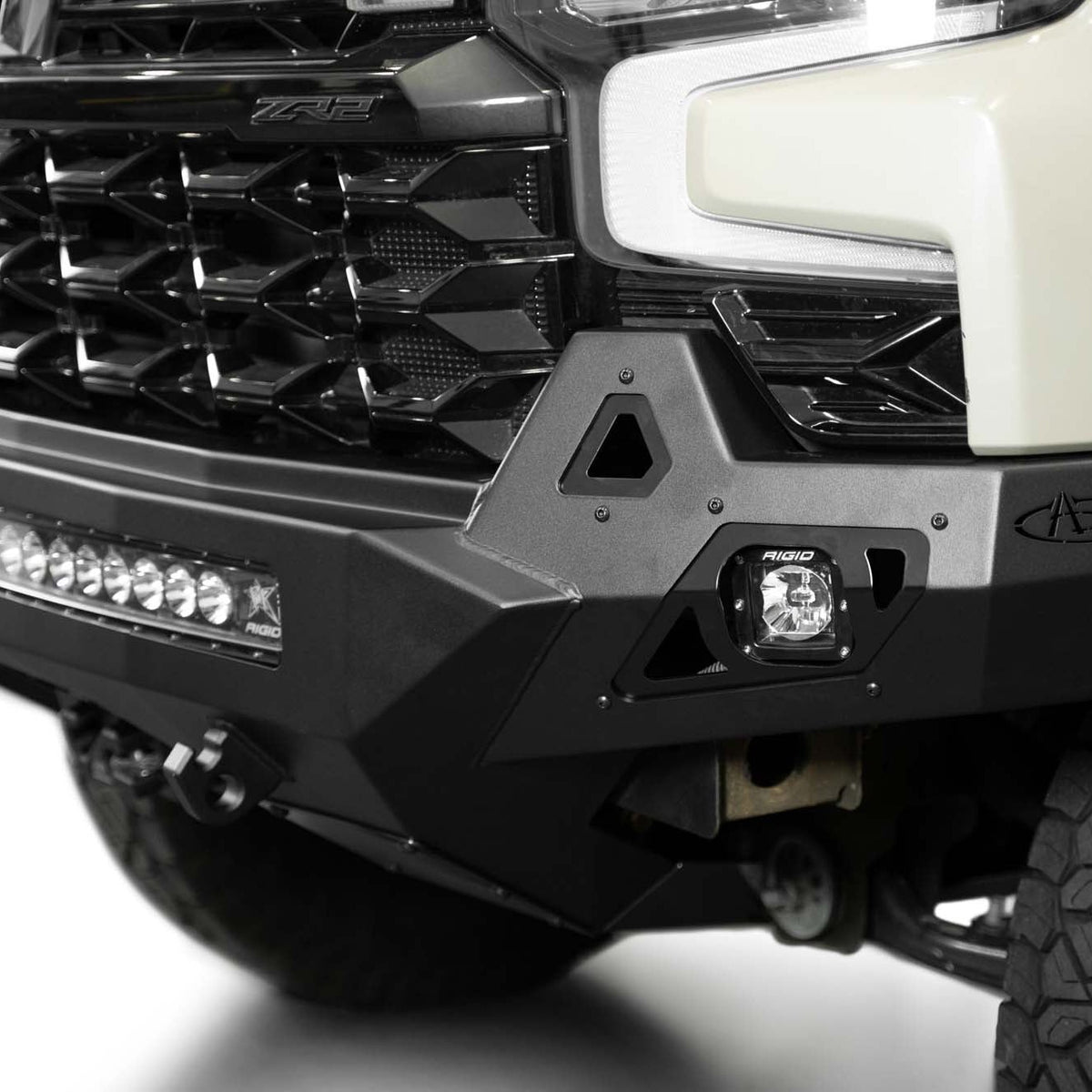 Rigid Industries pod light installed with 2022-2026 Chevy Silverado 1500 ZR2 Stealth Fighter Front Bumper