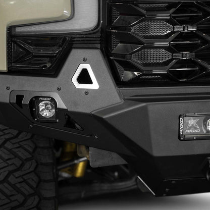 Close up view of 2022-2026 Chevy Silverado 1500 ZR2 Stealth Fighter Front Bumper with built-in tow hooks and off road lighting