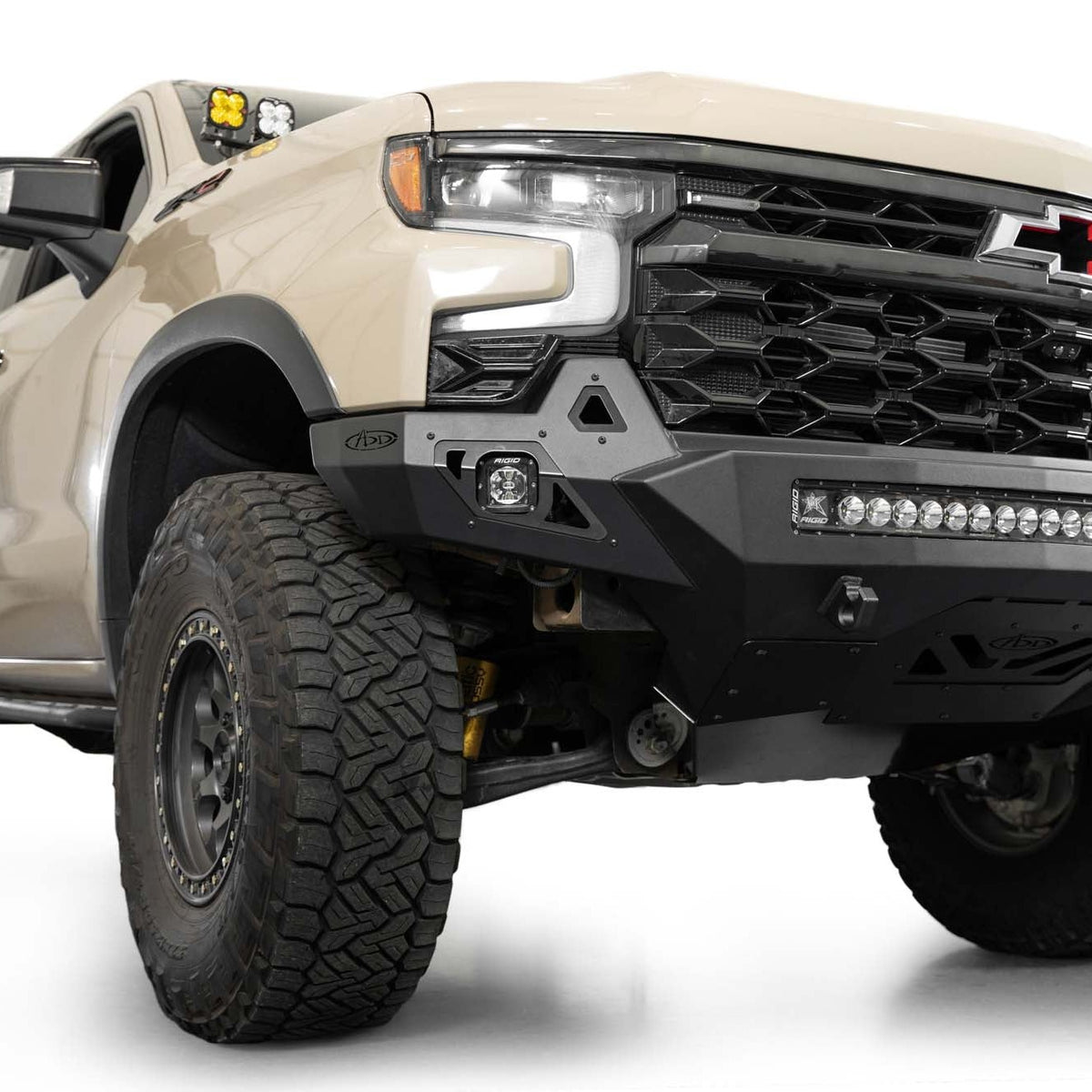 Low-angle view of 2022-2026 Chevy Silverado 1500 ZR2 Stealth Fighter Front Bumper showing skid plate