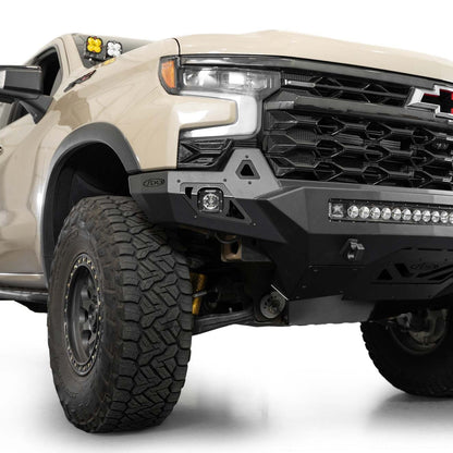 Low-angle view of 2022-2026 Chevy Silverado 1500 ZR2 Stealth Fighter Front Bumper showing skid plate