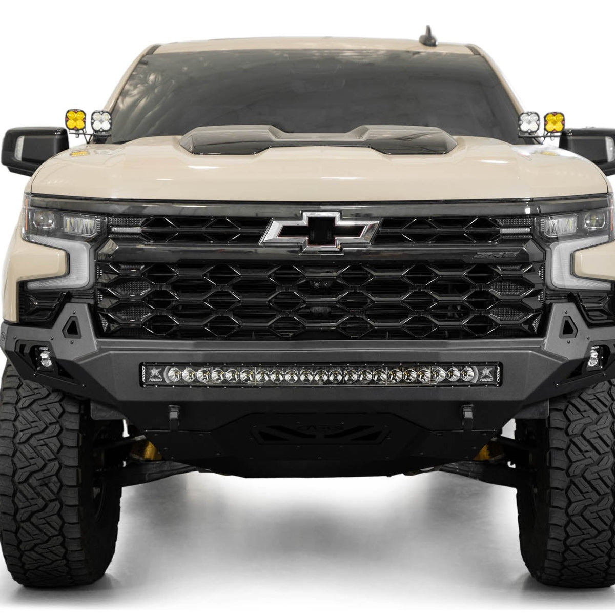 Front view of installed 2022-2026 Chevy Silverado 1500 ZR2 Stealth Fighter Front Bumper