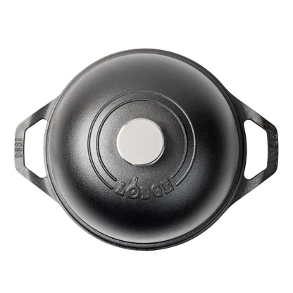 Top view of bread oven featuring circular line design and Lodge branding.
