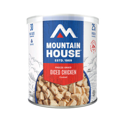 Front view of Mountain House Freeze-dried Diced Chicken #10 can.