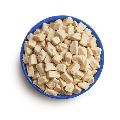 Hearty chunks of freeze-dried diced chicken by Mountain House rehydrated in a blue camping bowl.