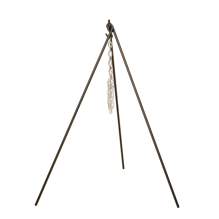 Black tripod with silver chain in middle for hanging cookware.