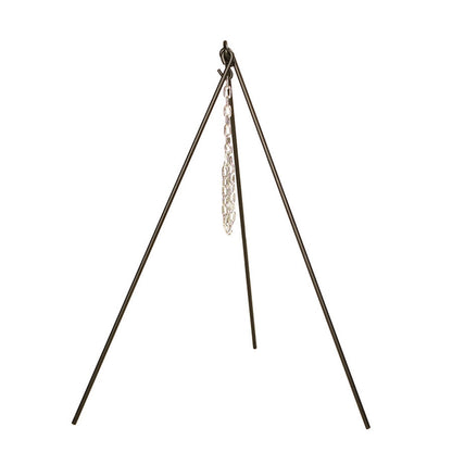 Black tripod with silver chain in middle for hanging cookware.