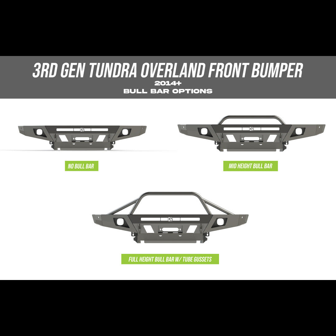 Collection of digital renders of the three bull bar variants available on the C4 Overland bumper – no bull bar, mid-height bull bar and full-height bull bar with tube gussets.