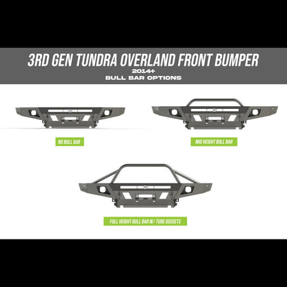 Collection of digital renders of the three bull bar variants available on the C4 Overland bumper – no bull bar, mid-height bull bar and full-height bull bar with tube gussets.