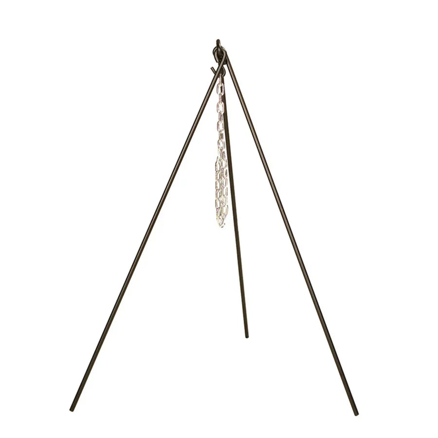 Black tripod with silver chain in middle for hanging cookware.