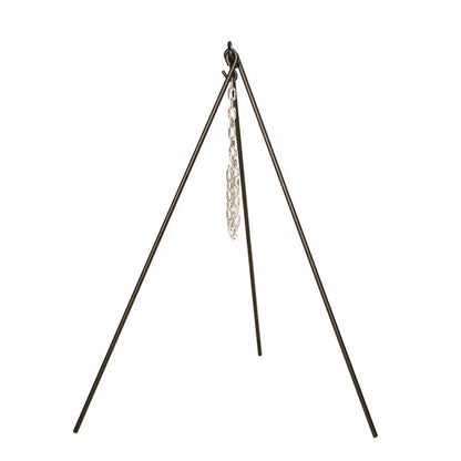 Black tripod with silver chain in middle for hanging cookware.