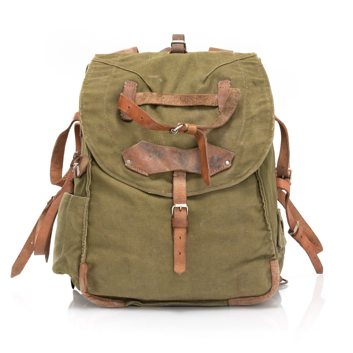 Romanian Army Canvas Backpack w/ Leather Straps | Issued