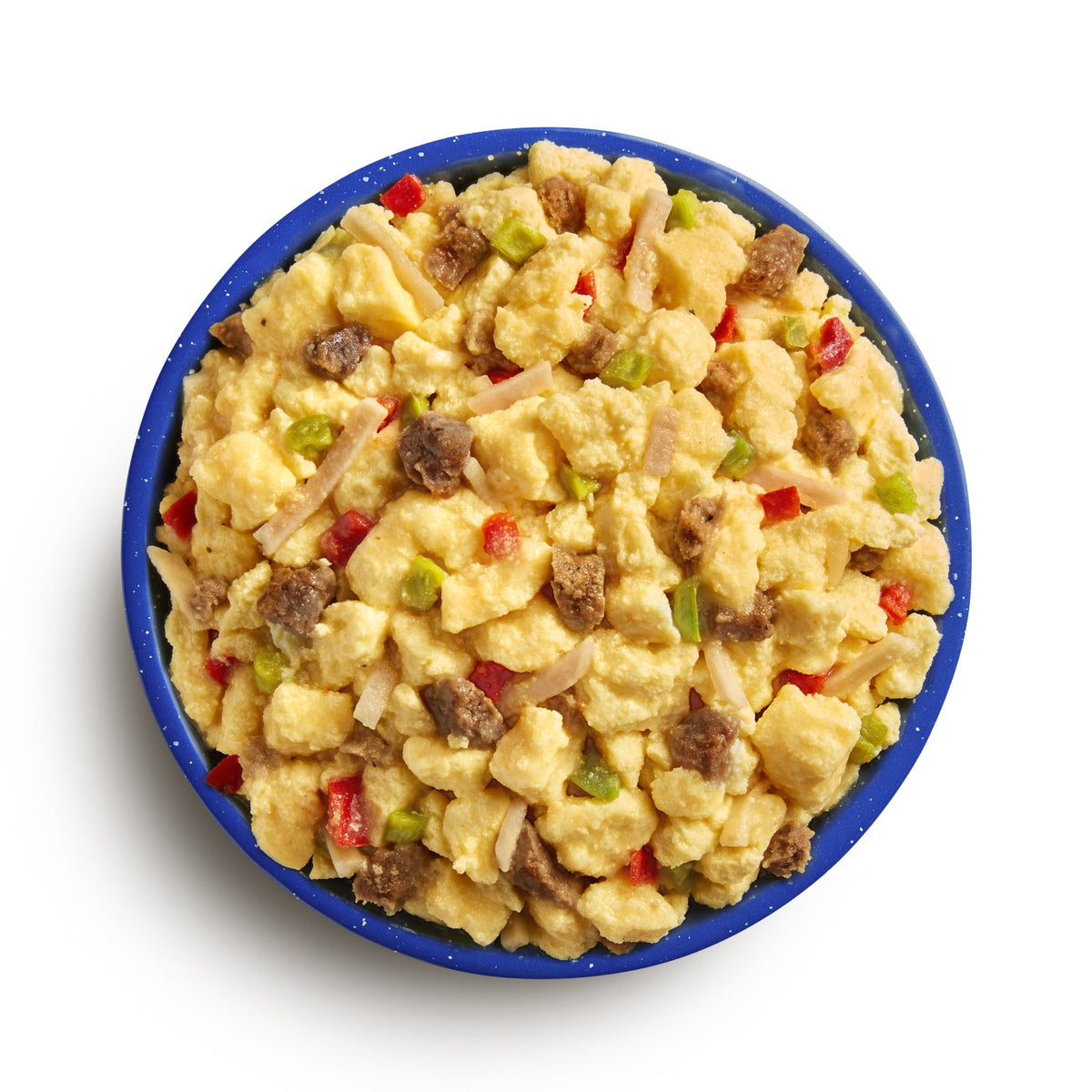 Scrambled eggs, hash browns, sausage and peppers in a blue camping bowl.