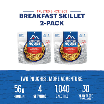 Graphic showing total protein, calories and servings for Mountain House Breakfast Skillet 2-pack.