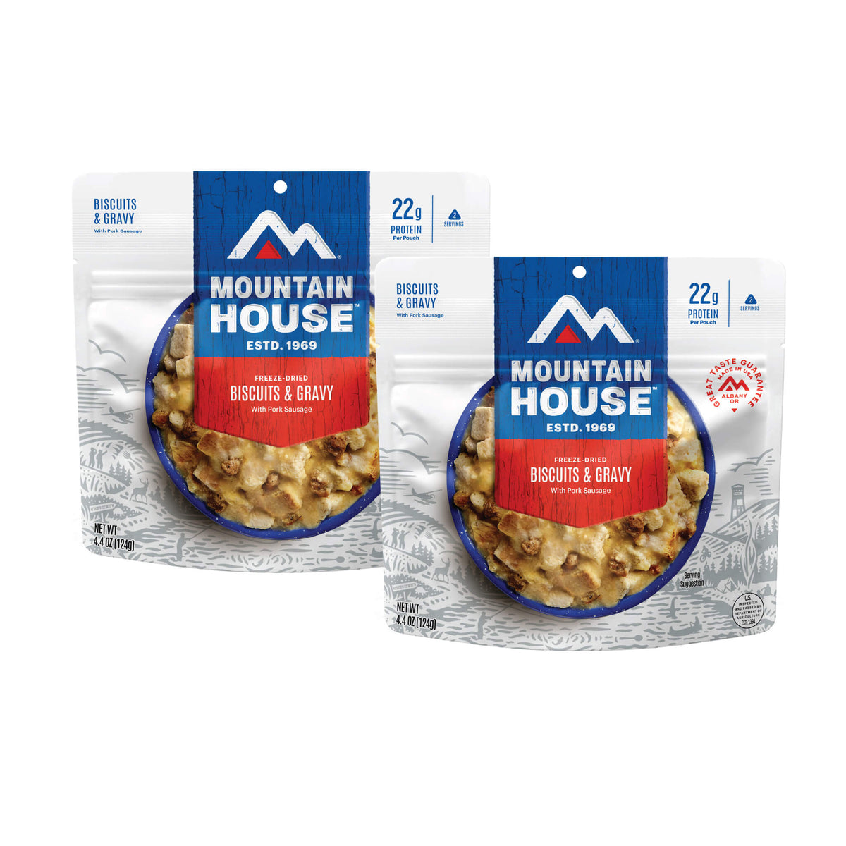 Front view of two Mountain House Biscuits & Gravy pouches.