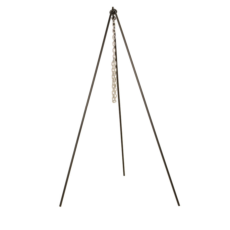 Black tripod with silver chain in middle for hanging cookware.