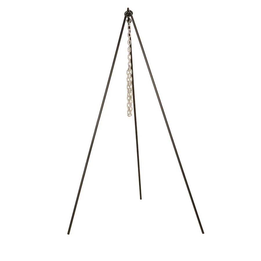 Black tripod with silver chain in middle for hanging cookware.