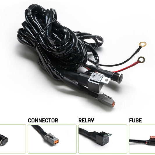 Wiring harness kit with switch, connector, relay, and fuse on a white background