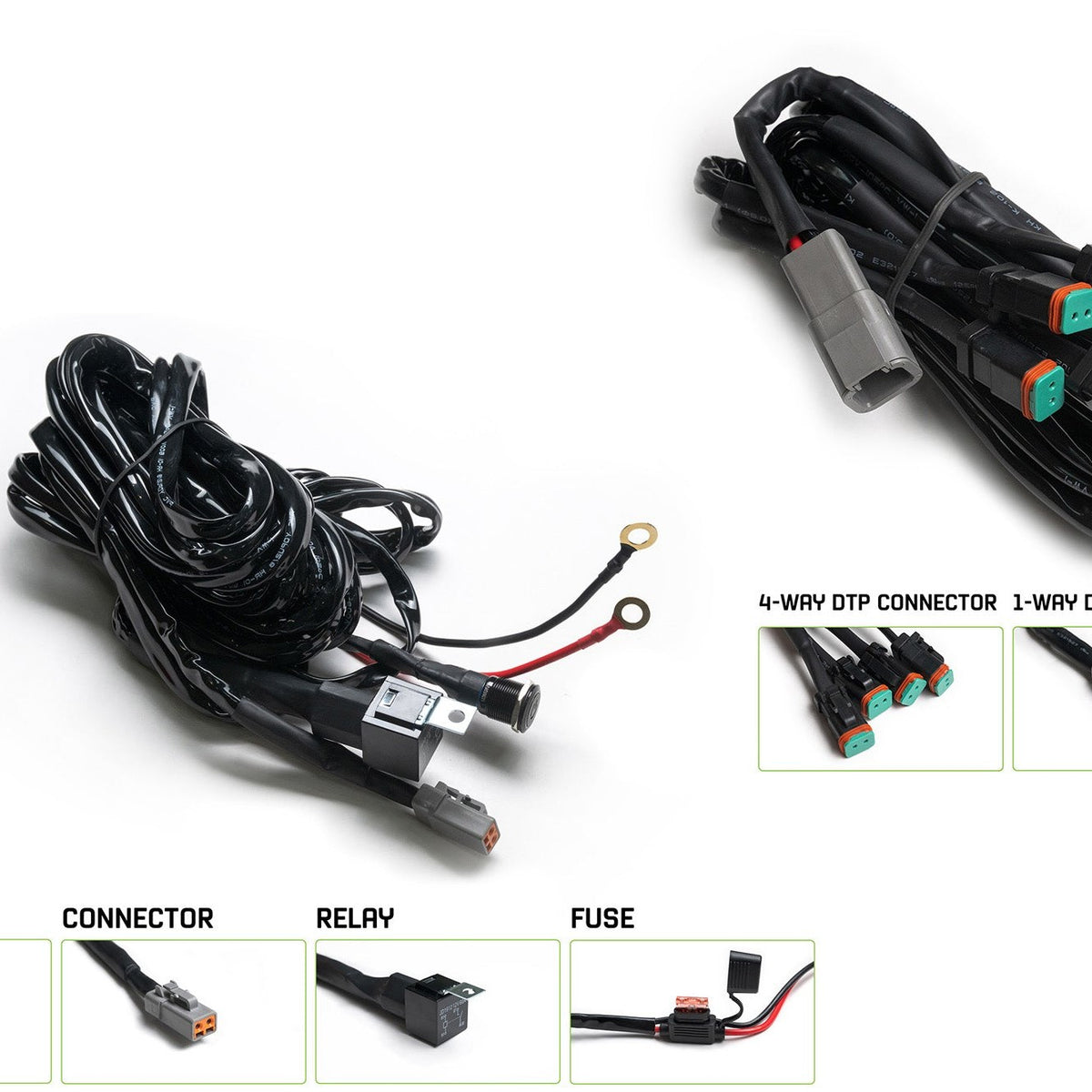 Car wiring harness kit with connectors and switches on a white background