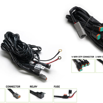 Car wiring harness kit with connectors and switches on a white background