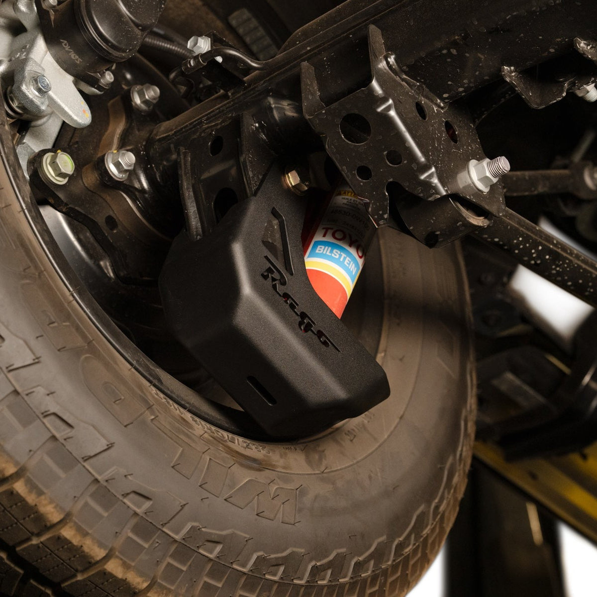 Bottom view of our 6th Gen 4Runner Shock Guards highlighting their drafted leading face and durable steel design.