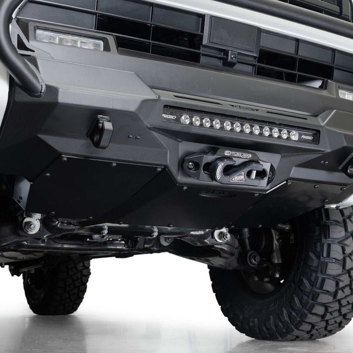 Close-up of 2025 Toyota 4Runner Stealth Center Mount Front Bumper with Top Hoop on a white background