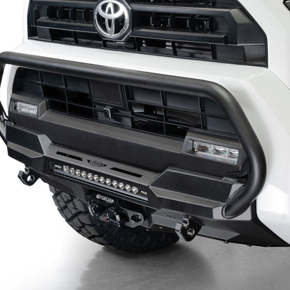 Close-up of a 2025 Toyota 4Runner Stealth Center Mount Front Bumper with Top Hoop on a white background