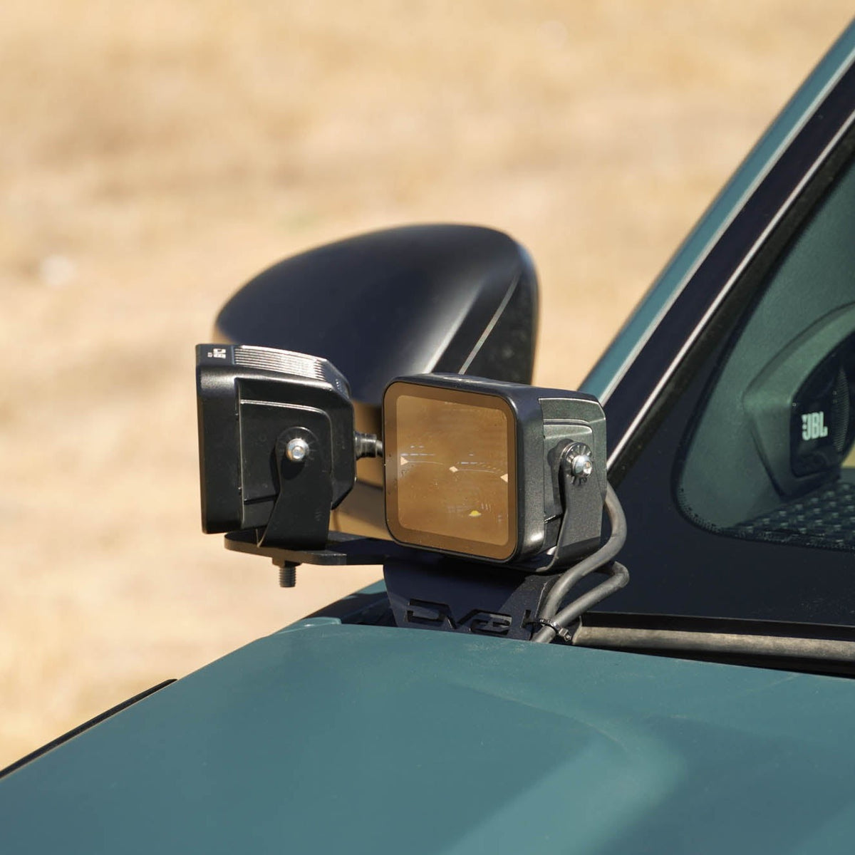 Side view of 6th Gen Toyota 4Runner Ditch Light Bracket with two light pods mounted
