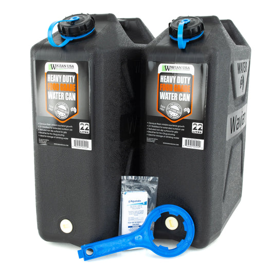 Wavian 5-Gallon Water Can Survival Bundle – Includes 2 Cans, Opener Tool, & 50 Aquatabs