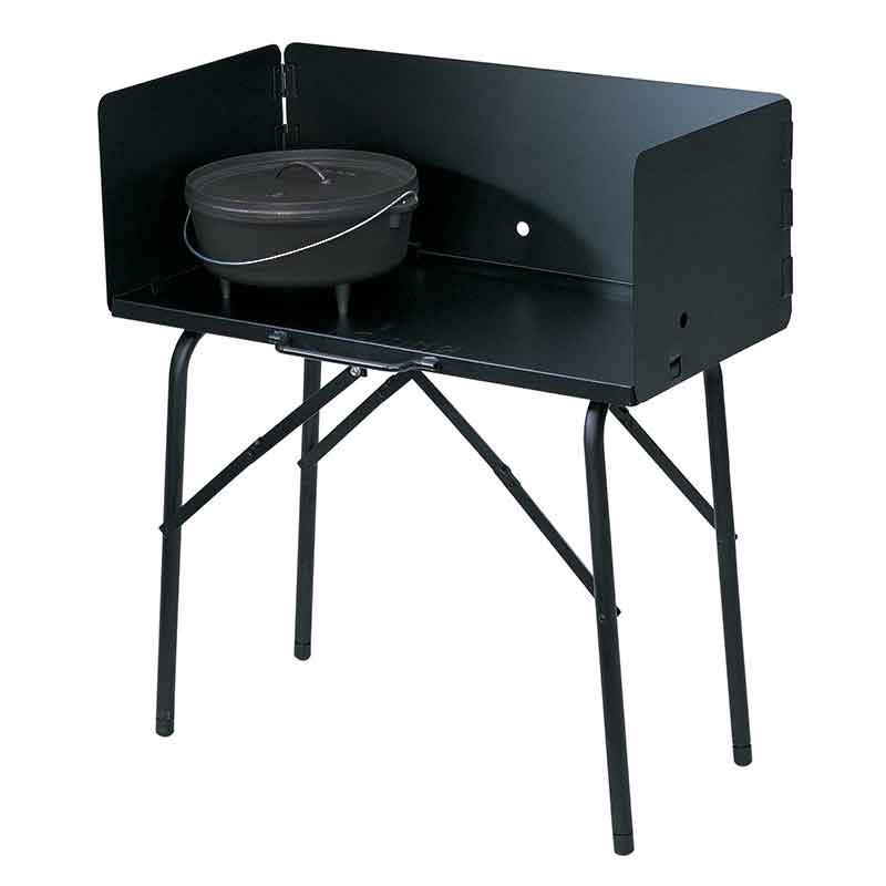 Black portable cooking table with 3 tall windscreen's to protect your cooking from wind and retain heat.