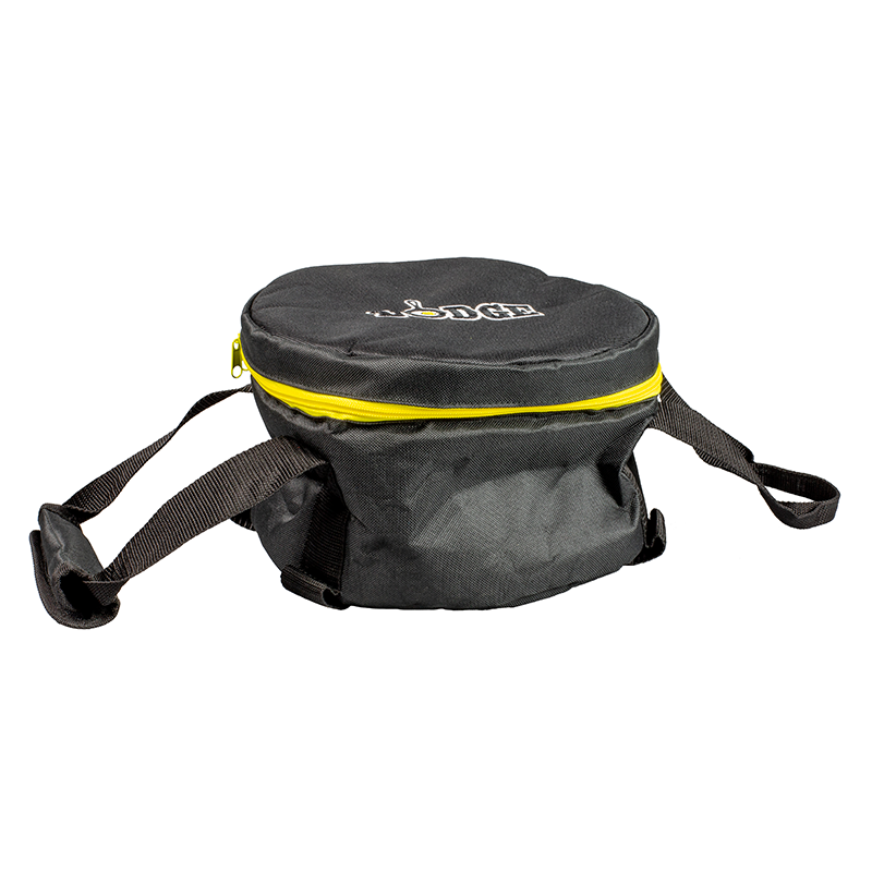 Circular black bag with yellow zipper and 2 lift handles.