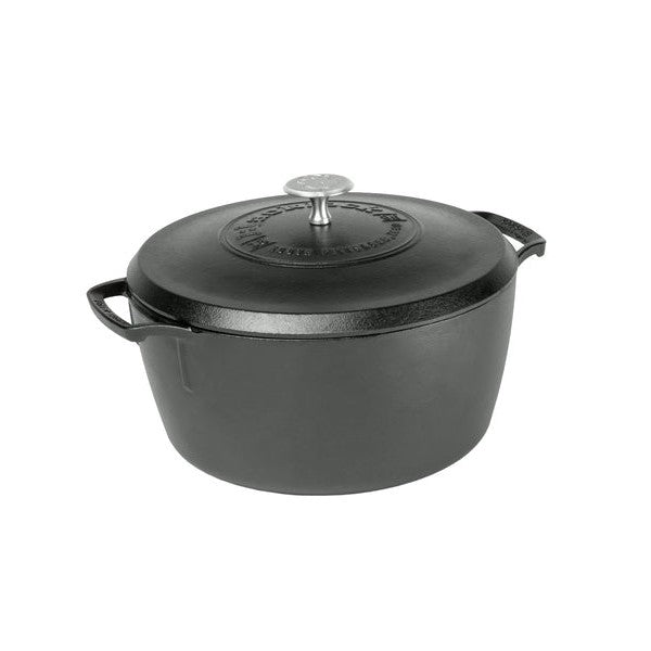 Black dutch oven with 2 handles and a lid.