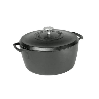 Black dutch oven with 2 handles and a lid.