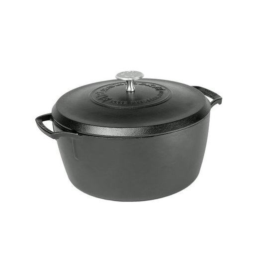 Black dutch oven with 2 handles and a lid.