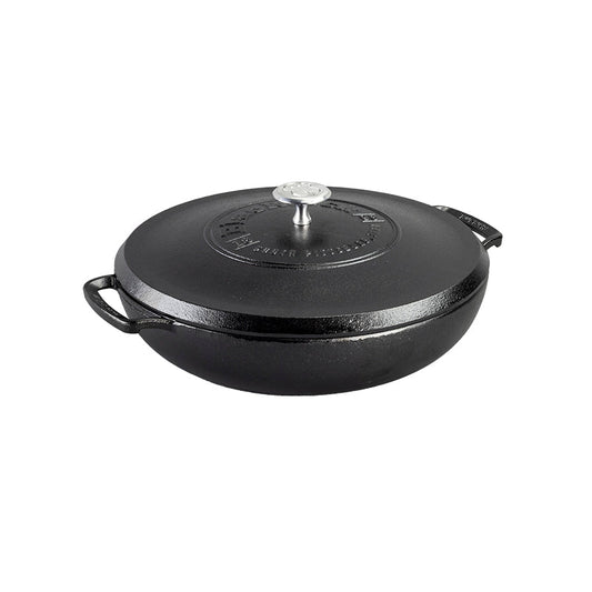 Circular pan with 2 handles and a lid.