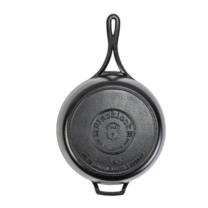 Bottom view of skillet featuring the Blacklock signature logo.