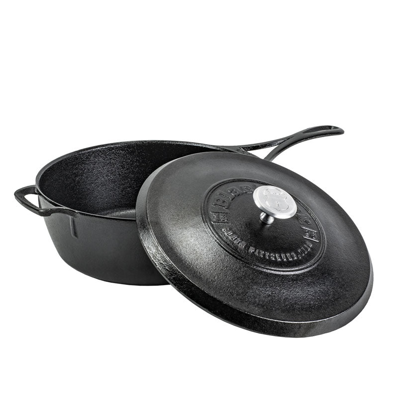 Deep skillet with long handle and loop handle with a lid.