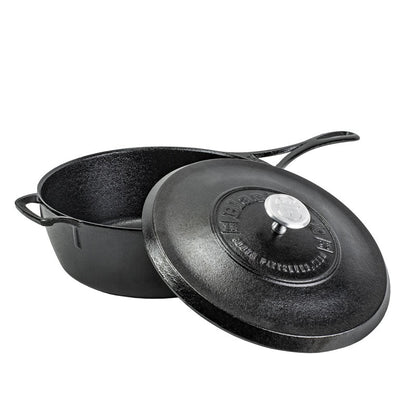 Deep skillet with long handle and loop handle with a lid.