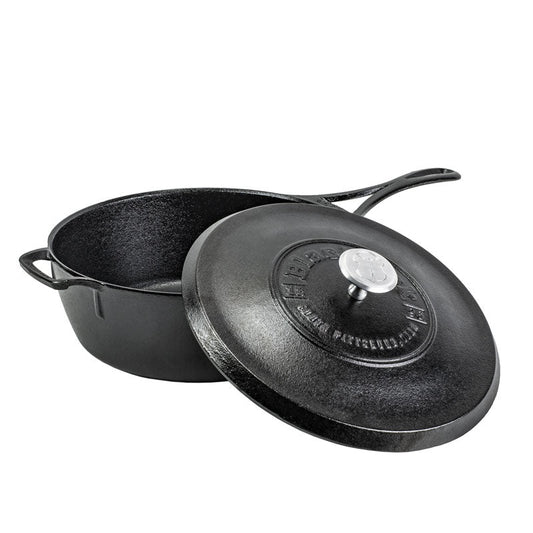Deep skillet with long handle and loop handle with a lid.